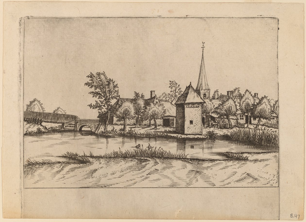 Dorp met Kerk en Brug door Johannes van Doetechum, the Elder and Lucas
