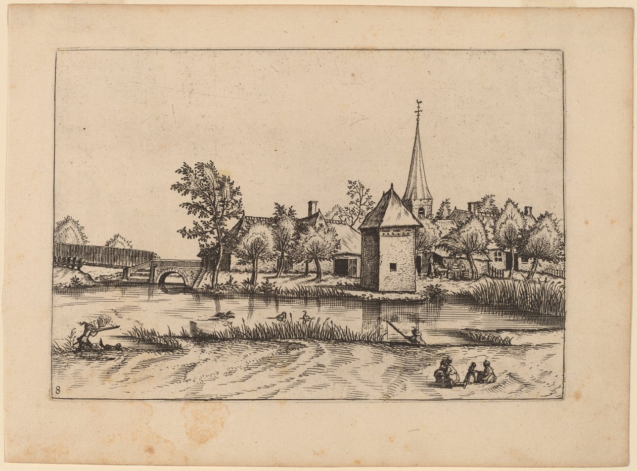 Dorp met Kerk en Brug door Johannes van Doetechum, the Elder and Lucas