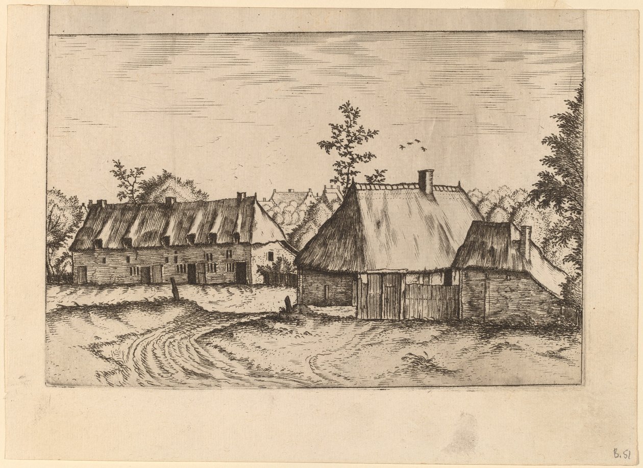 Boerderij en rij huizen door Johannes van Doetechum, the Elder and Lucas