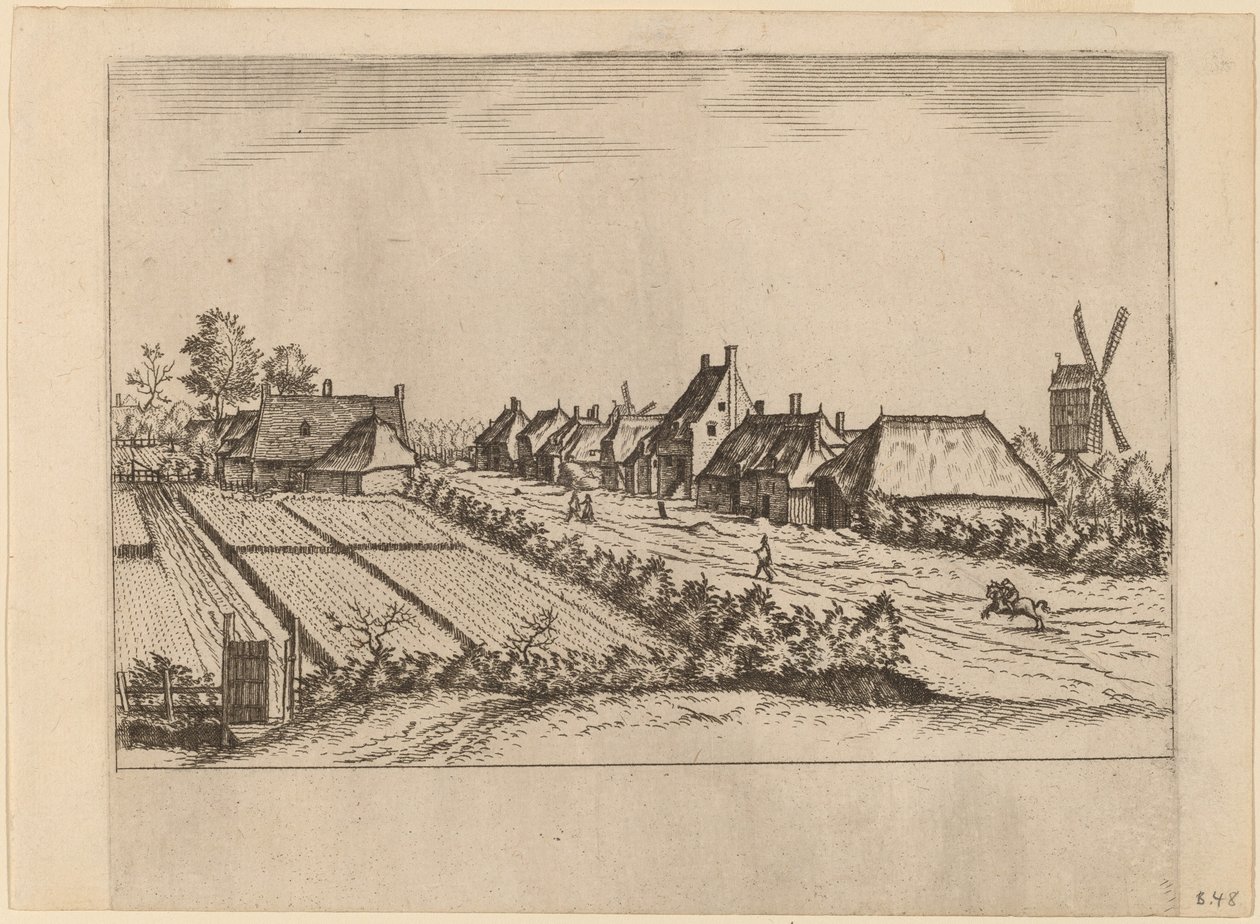 Velden en een Dorpsweg met Postmolen door Johannes van Doetechum, the Elder and Lucas