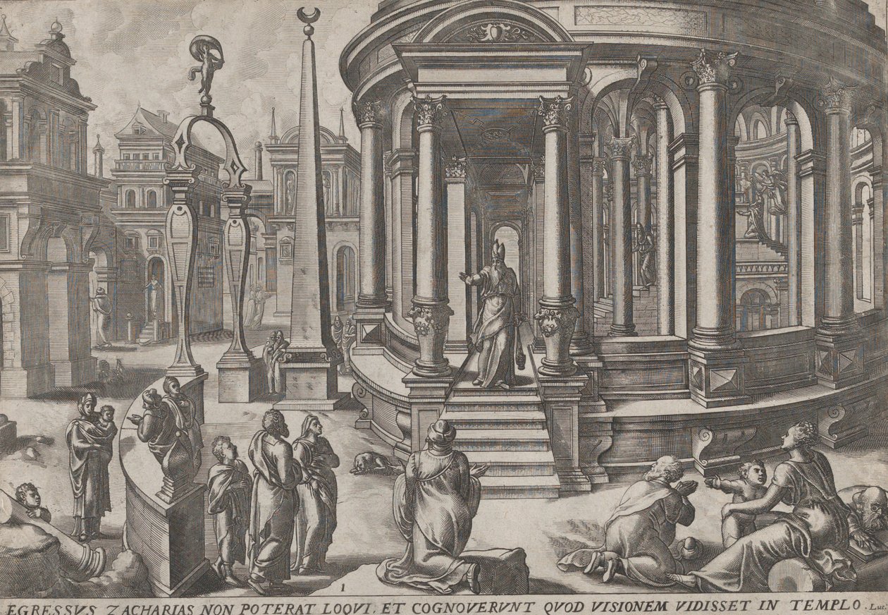 Zacharias stapt uit de tempel, uit de serie Gebeurtenissen in en rond de tempel, ca. 1572 door Johannes and Lucas van Doetecum