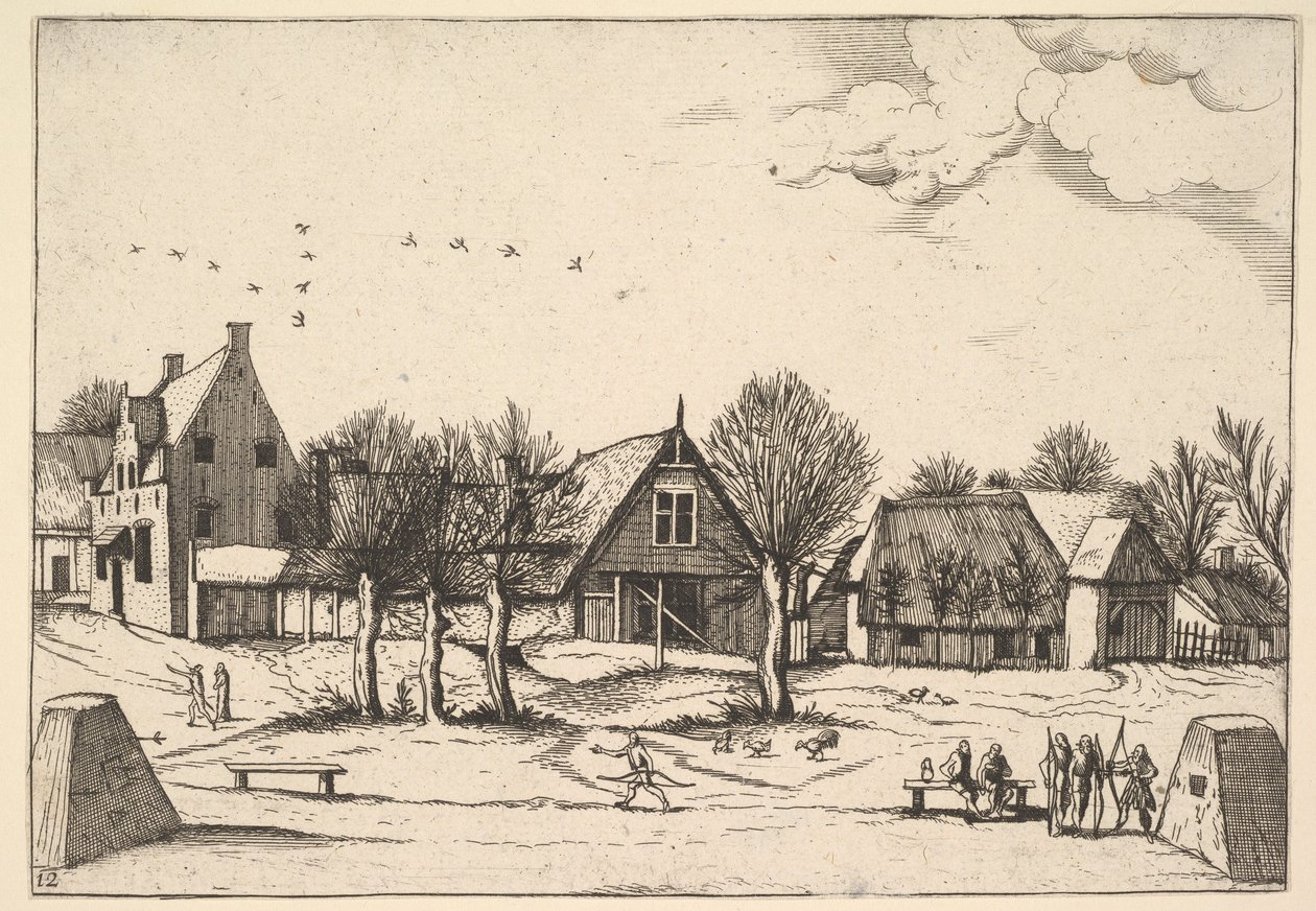 Dorp, boogschutters op de voorgrond uit Multifariarum casularum ruriumque linea, 1559-61 door Johannes van Doetecum I