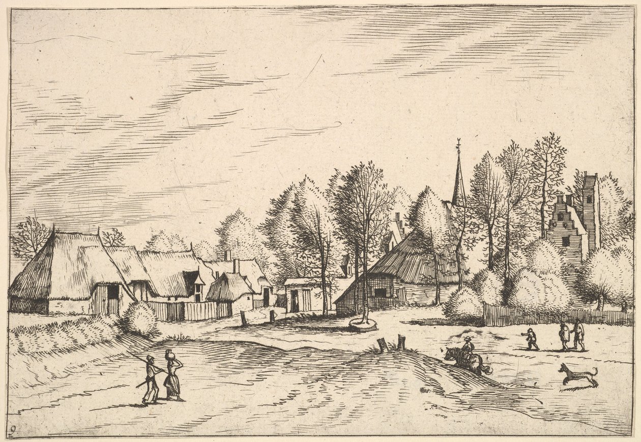 Dorp met kerktoren uit Multifariarum casularum ruriumque lineamenta cur..., 1559-61 door Johannes van Doetecum I