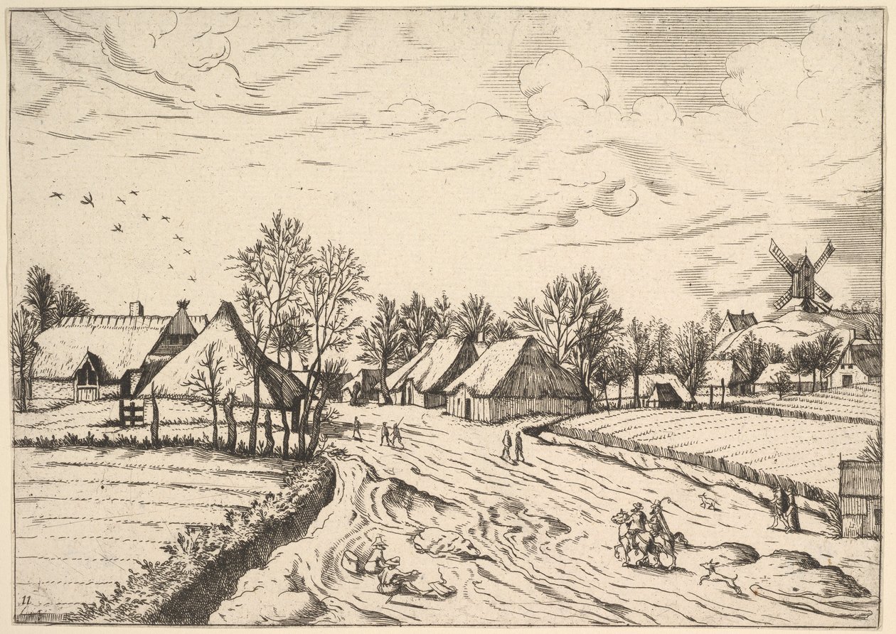 Dorp met postmolen uit Multifariarum casularum ruriumque lineamenta curios door Johannes van Doetecum I