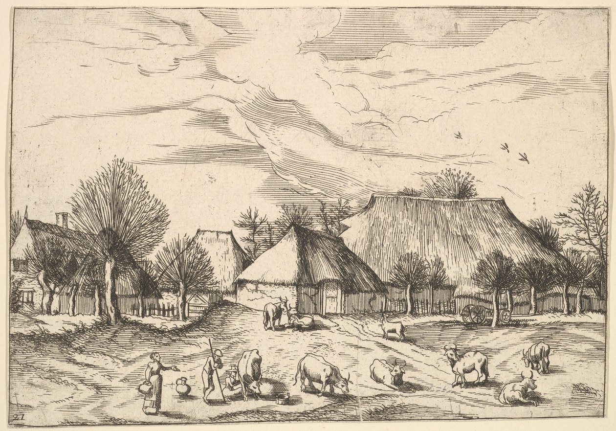 Boerderijen, vee met herders en melkmeisjes op de voorgrond uit Multifariarum casularu door Johannes van Doetecum I