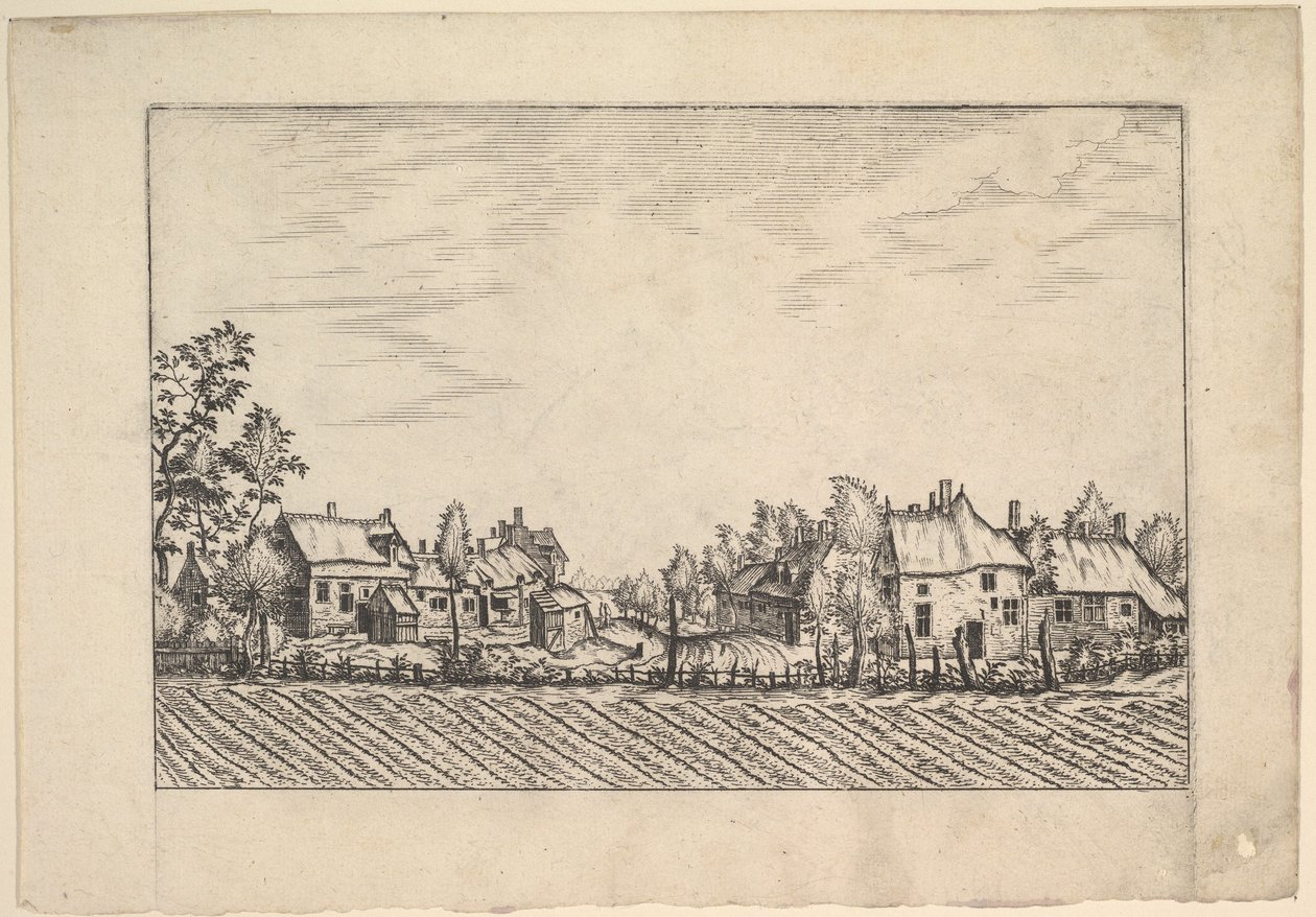 Boerderijen, geploegd veld op de voorgrond van Praediorum villarum et rusticarum casu door Johannes van Doetecum I
