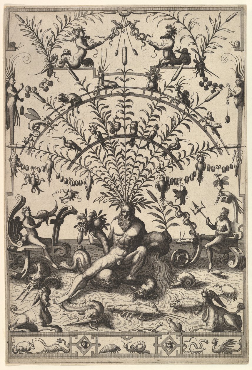 Moderne Groteske Decoratie met een Riviergod, 1557 door Johannes van Doetecum I