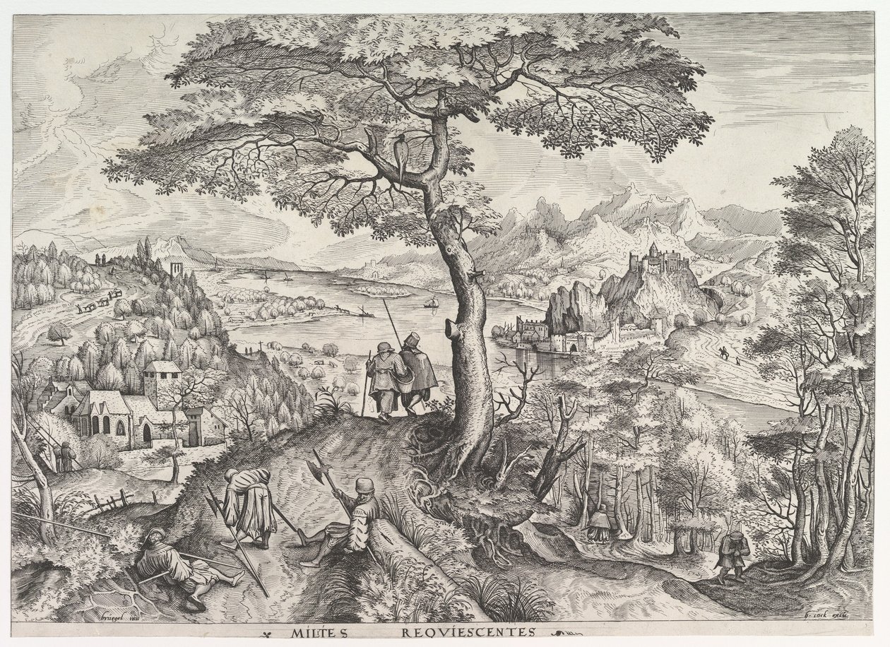 Soldaten in rust Milites requiescentes uit De Grote Landschappen, ca. 1555-56 door Johannes van Doetecum I