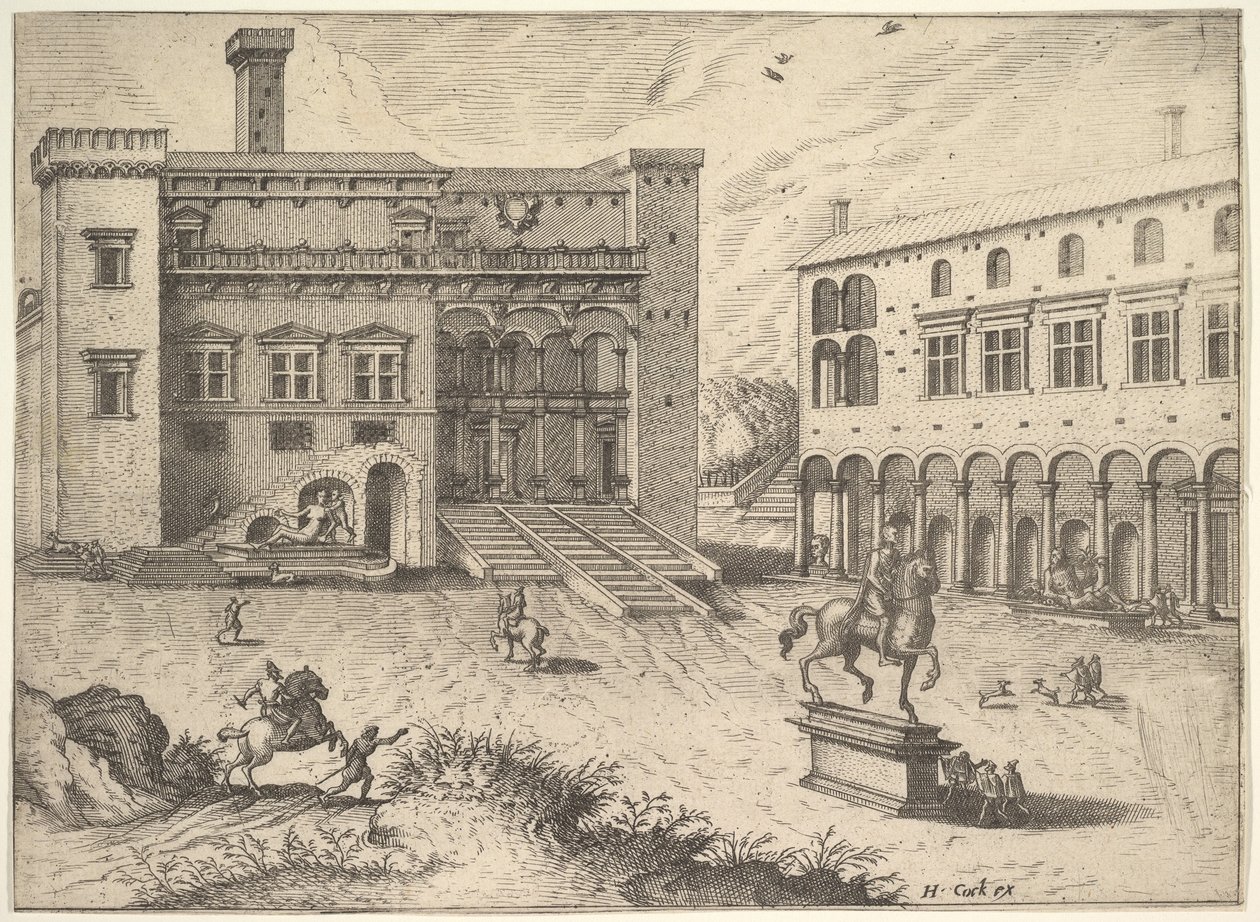 Uitzicht op het Campidoglio op de Capitolijnse Heuvel, met ruiterstandbeeld rechtsonder, 1562 door Johannes van Doetecum I