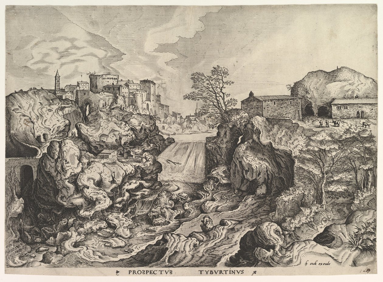 Uitzicht op de Tiber Tivoli Prospectus Tyburtinus uit De Grote Landschappen, ca. 1555-56 door Johannes van Doetecum I