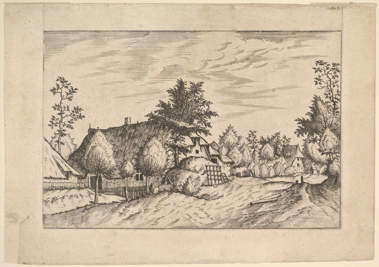 Dorpsstraat, hooi gestapeld voor een boerderij uit Praediorum villarum et rusticar..., ca. 1559-61 door Johannes van Doetecum I