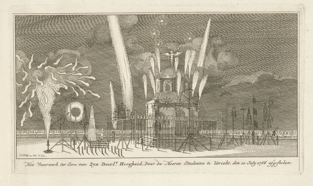 Vuurwerk bij een paviljoen door Johannes van Hiltrop