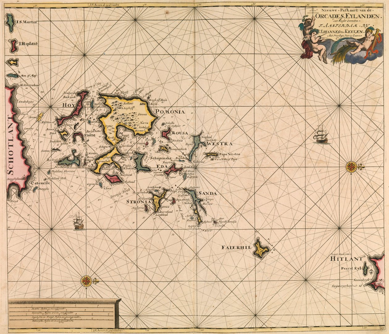 Kaart van Orcades Eylande (Orkneys) uit van Keulen
