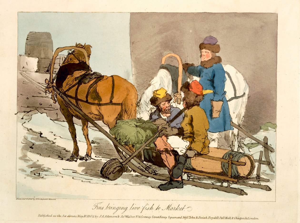 Vinnen Brengen Levend Vis naar de Markt, geëtst door de kunstenaar, gepubliceerd 1804 door John Augustus Atkinson