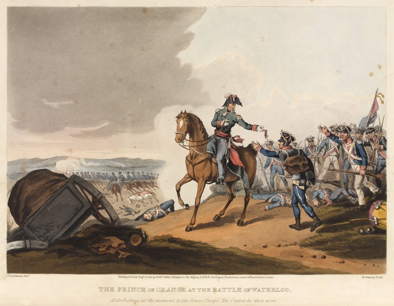 De Prins van Oranje bij de Slag bij Waterloo, op dat moment de orders uitdelend aan de dappere troepen die hij toen droeg, gegraveerd door M. Dubourg, 1819 door John Augustus Atkinson