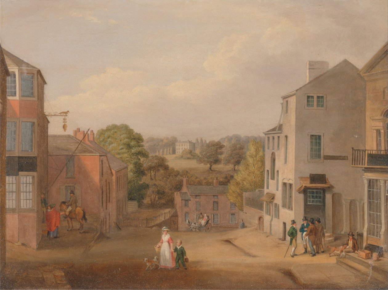 Straatscène in Chorley, Lancashire, met uitzicht op Chorley Hall door John Bird of Liverpool