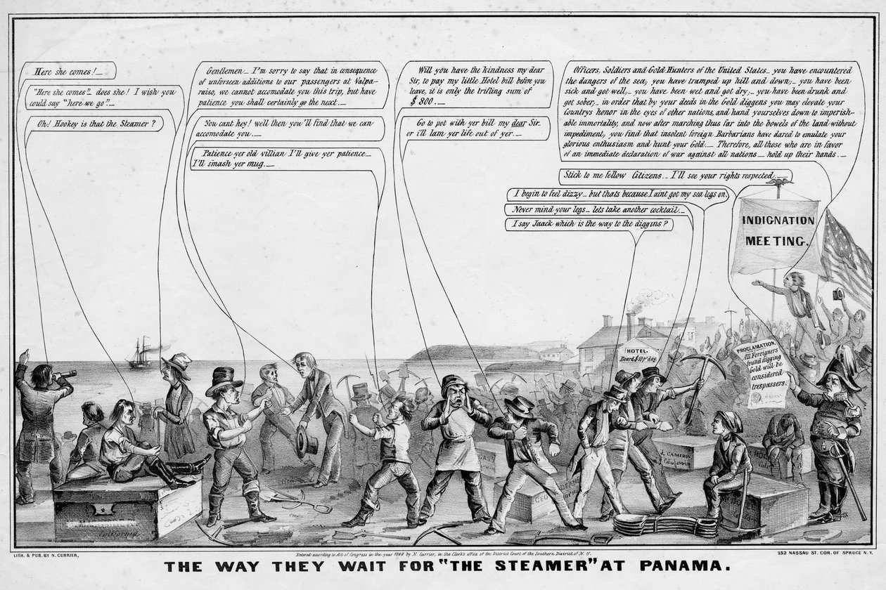 De manier waarop ze wachten op de stoomboot in Panama, gepubliceerd door N Currier, New York, 1849 door John Cameron