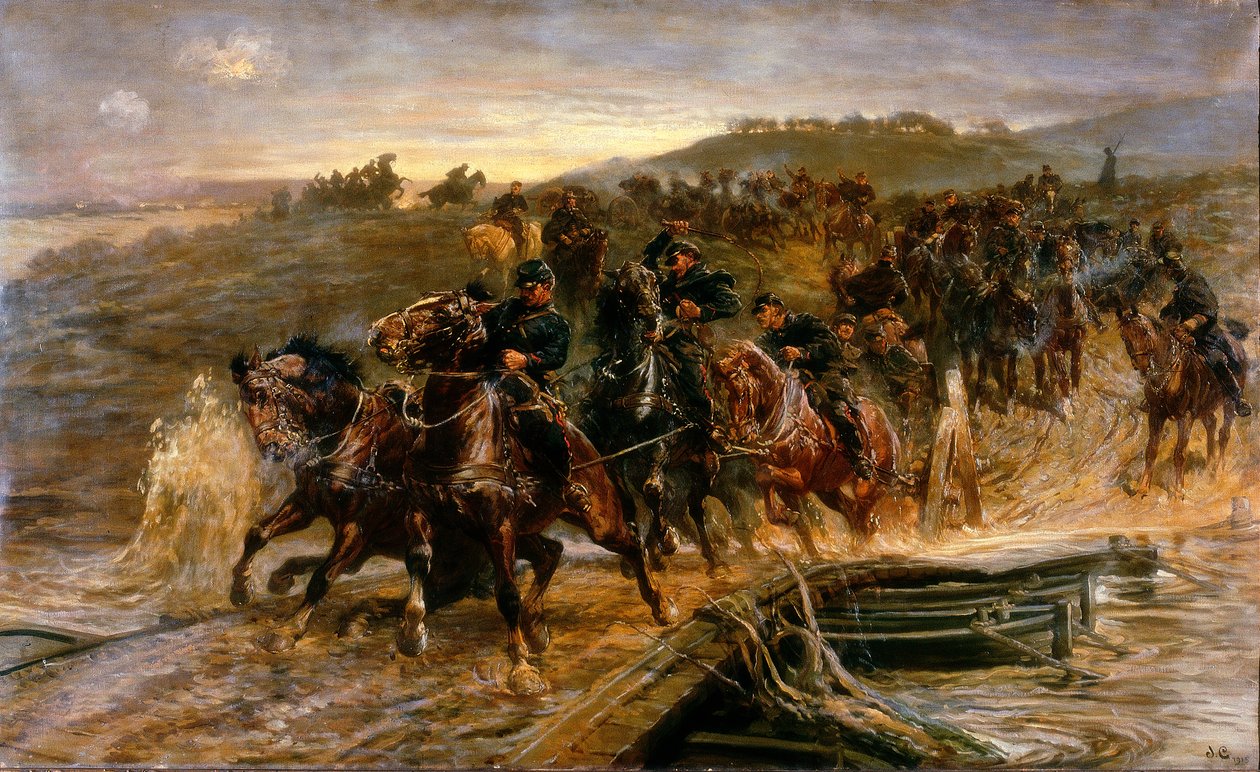 Franse artillerie steekt de overstroomde Aisne over en redt de kanonnen, 1915 door John Charlton