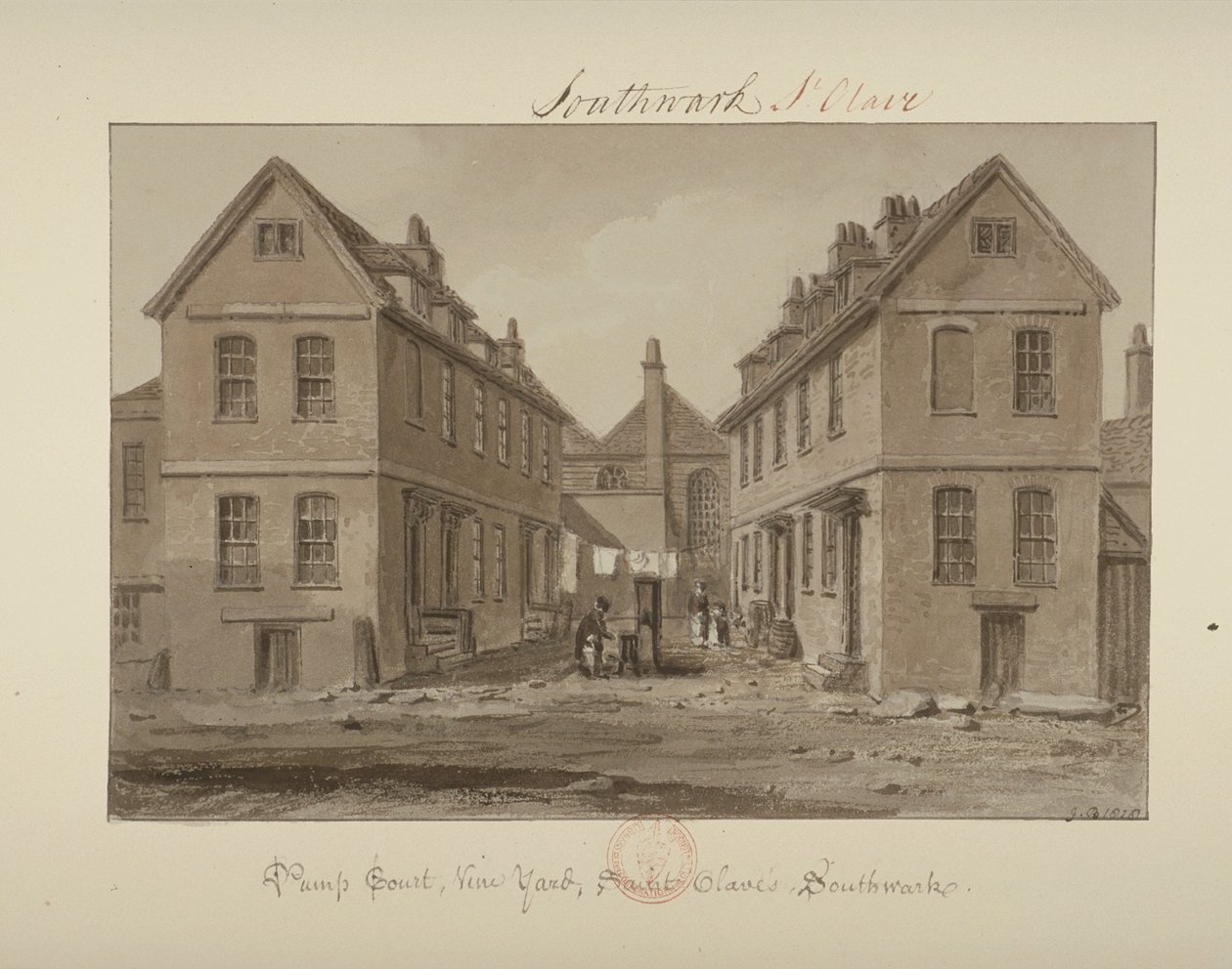 Zicht op een figuur die water verzamelt in Pump Court, Vine Yard, Bermondsey, 1828 door John Chessell Buckler