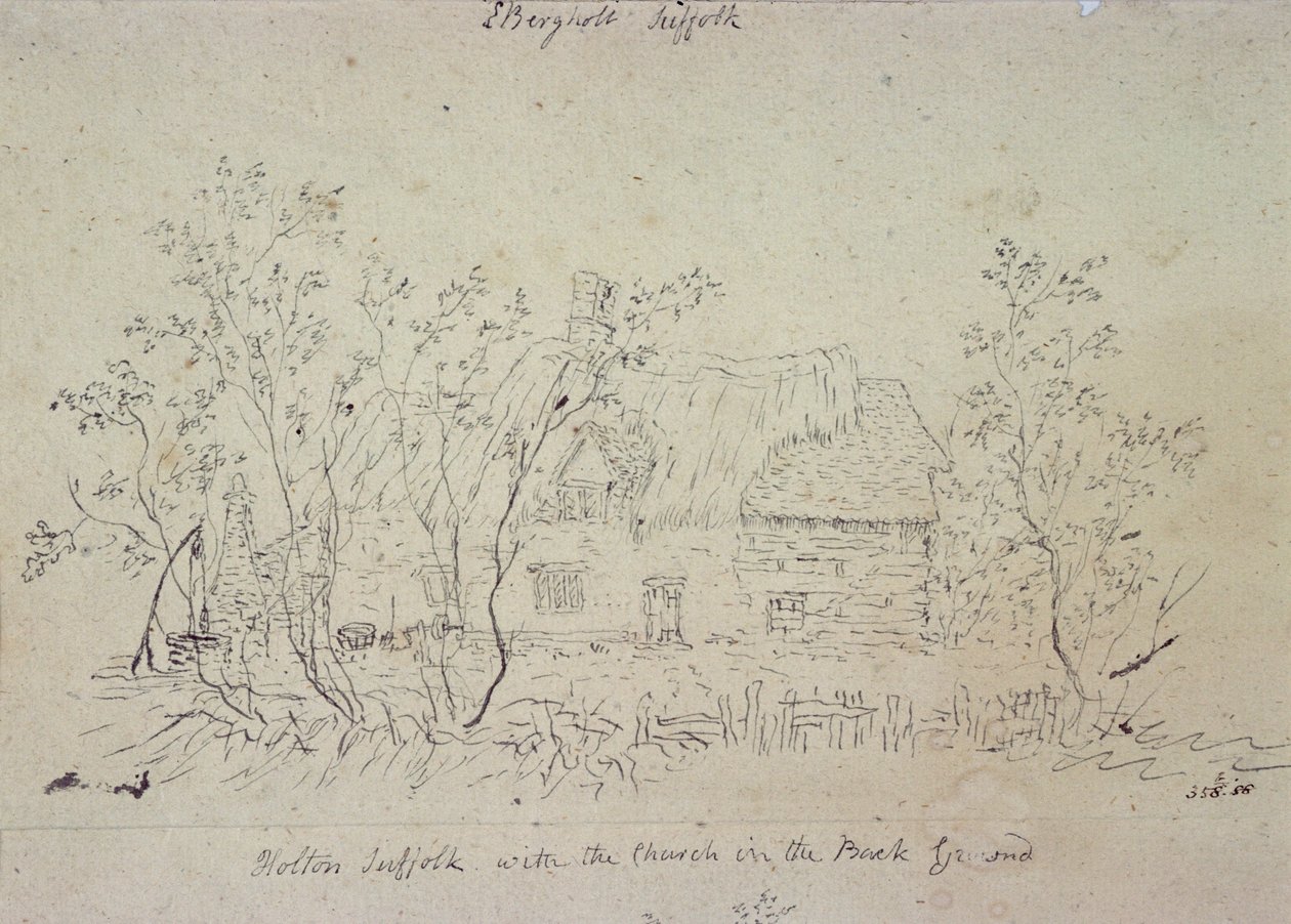 Cottage in East Bergholt, met een put door John Constable