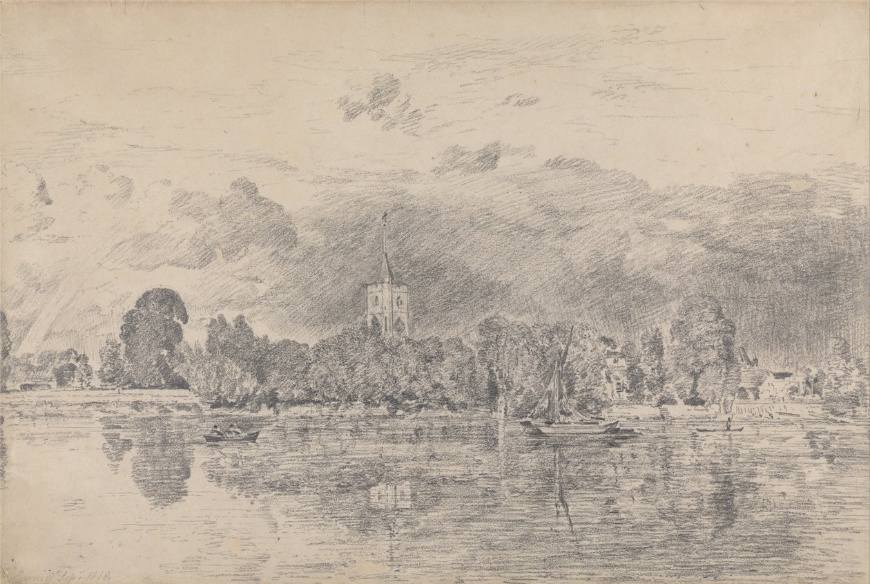 Fulham Kerk vanaf de Overkant van de Rivier door John Constable