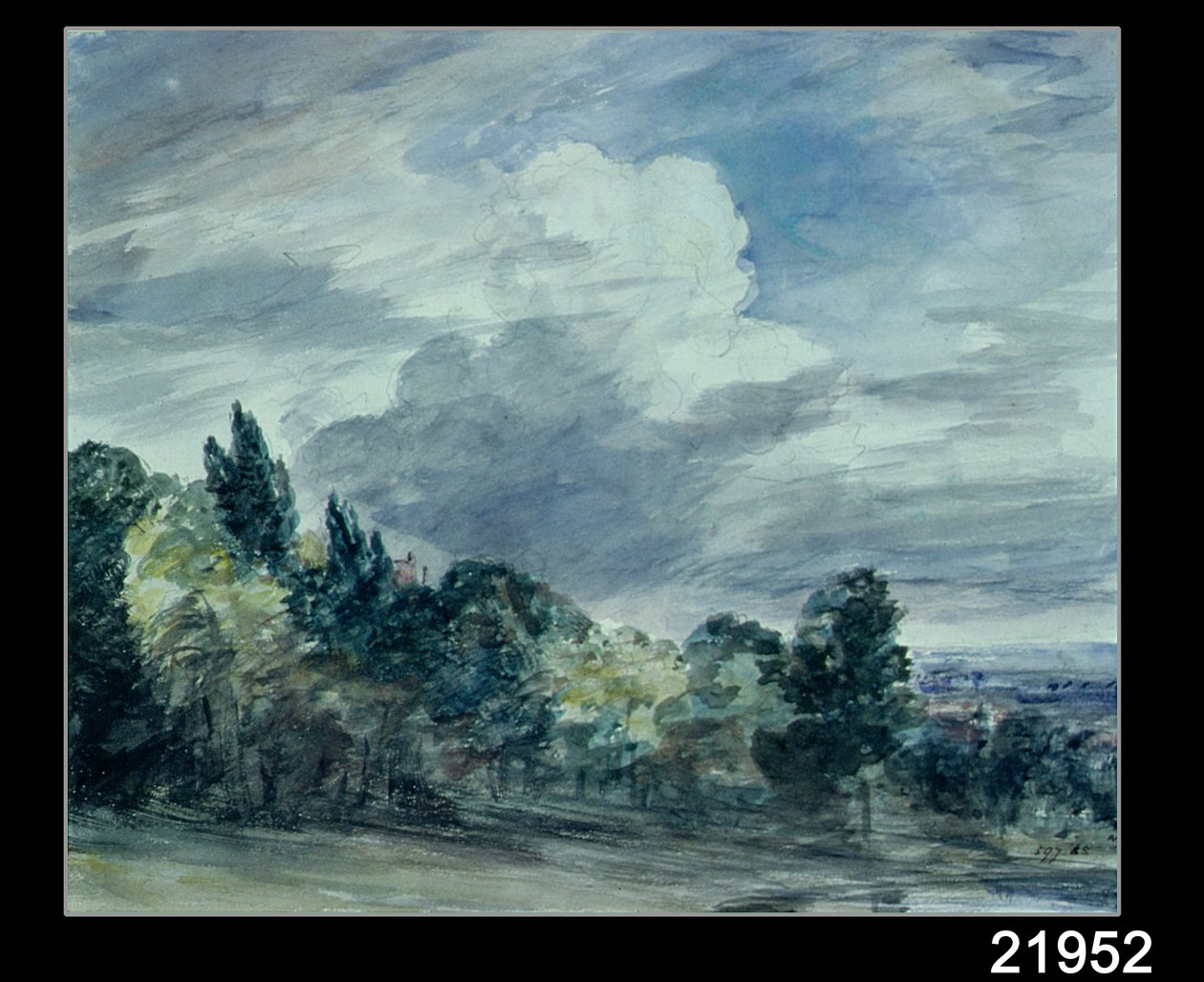 Uitzicht over een wijd landschap, met bomen op de voorgrond, september 1832 door John Constable