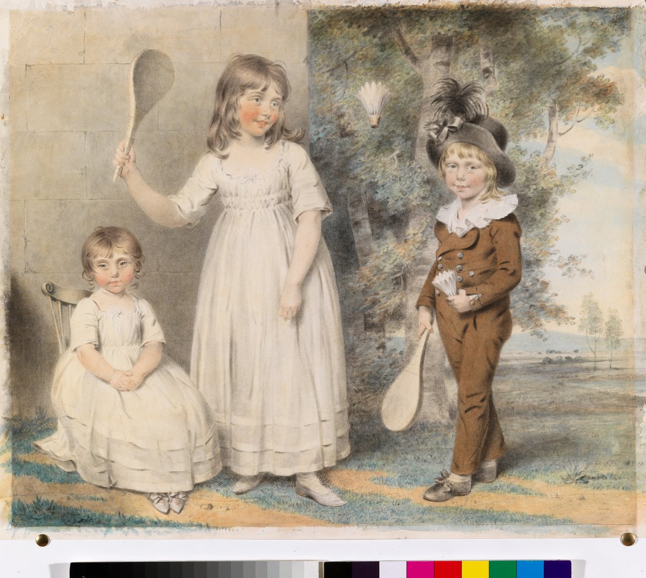 De kinderen van Frederick en Ellen Ray van Abingdon, Berkshire, in een landschap, 1795 door John Downman