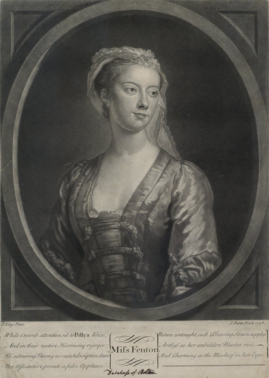 Miss Fenton, gegraveerd door John Faber de Jongere (ca. 1695-1756), 1728 door John Ellys