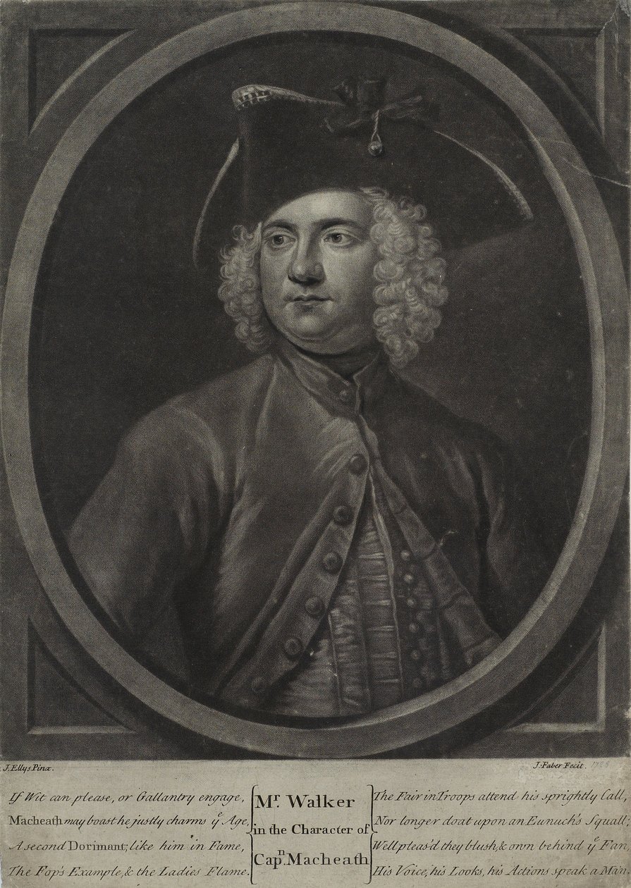 De heer Walker in de rol van kapitein Macheath, gegraveerd door John Faber de Jongere, 1728 door John Ellys