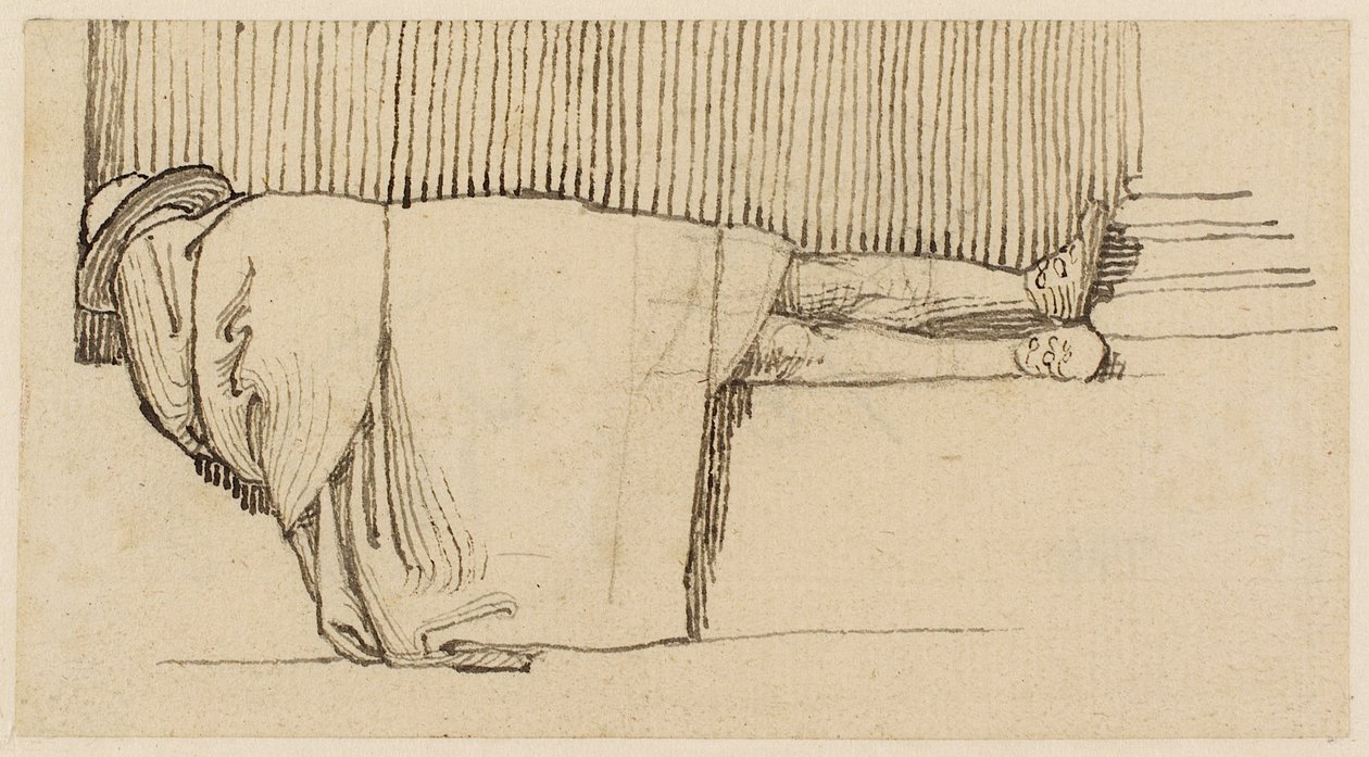 Een man in een mantel slaapt op de sokkel van een gebouw door John Flaxman