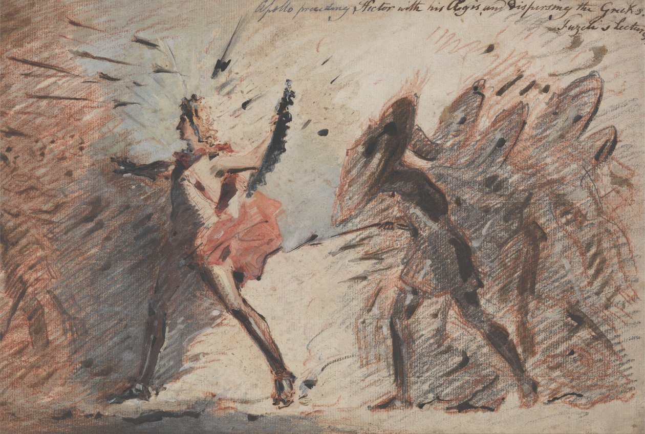 Apollo die Hector voorgaat met zijn Aegis en de Grieken verspreidt door John Flaxman