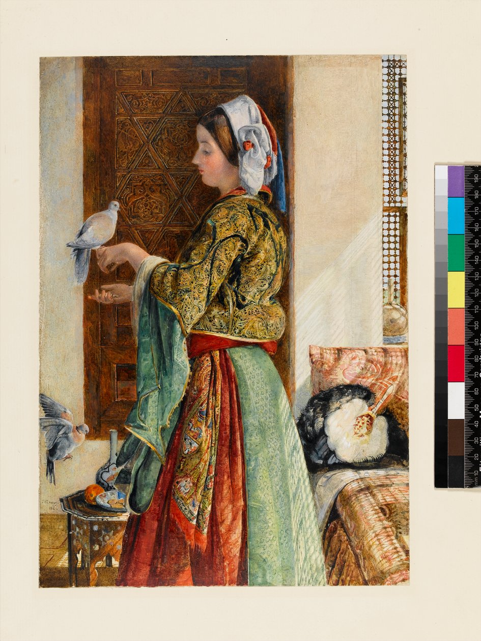 Meisje met twee duiven in een kooi, Caïro, 1864 door John Frederick Lewis