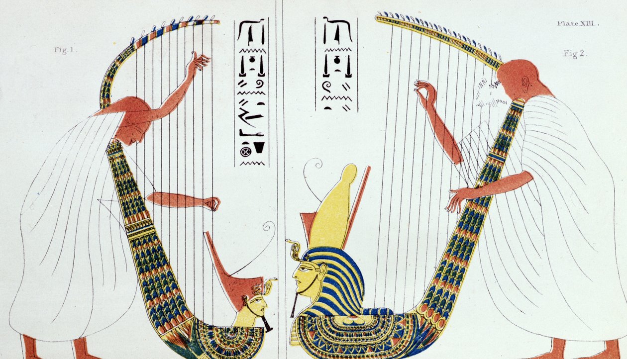 Interpretatie van een fresco uit het koninklijke graf in Thebe dat harpisten afbeeldt, uit 
