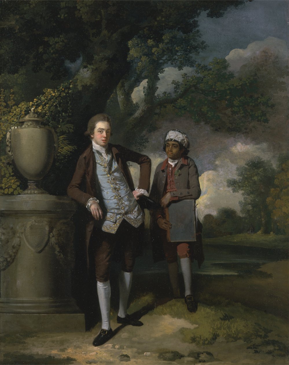 Een jonge man met zijn Indiase dienaar die een portfolio vasthoudt door John Hamilton Mortimer