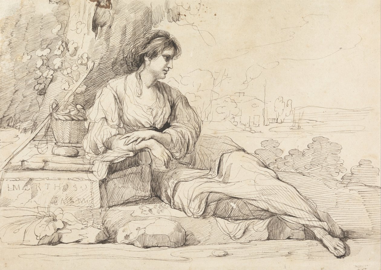Liggende vrouwelijke figuur in een Italiaans landschap door John Hamilton Mortimer