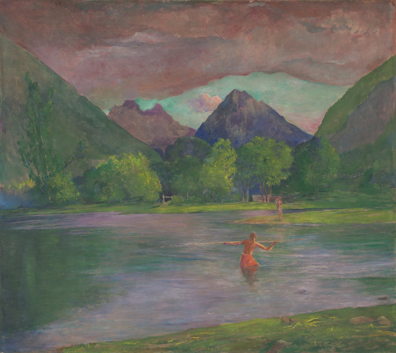 Avondgloed, Tautira-rivier, Tahiti, visser die een vis spietst, c.1895 door John La Farge or Lafarge