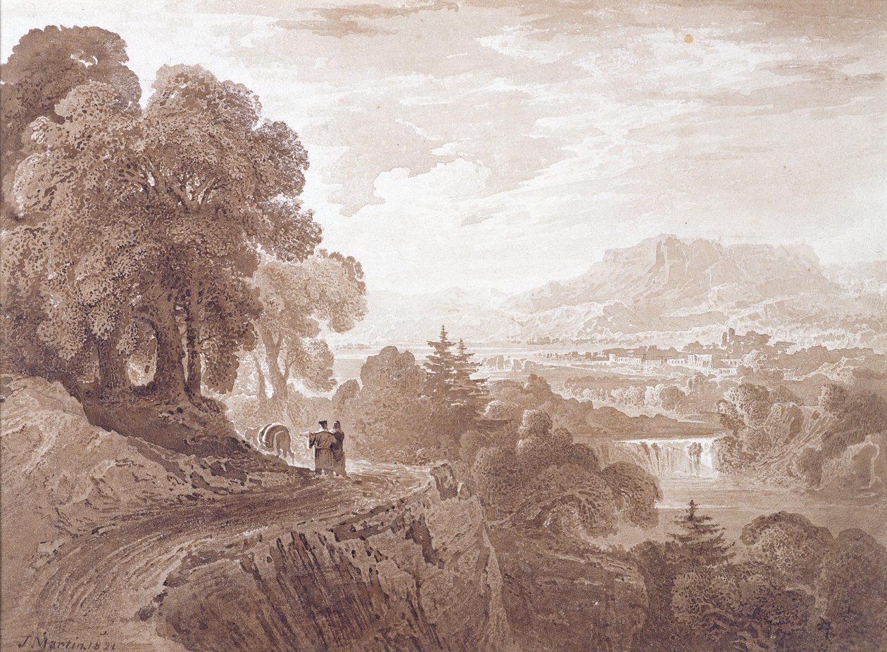 Reizigers op een weg boven een rivier, 1821 door John Martin
