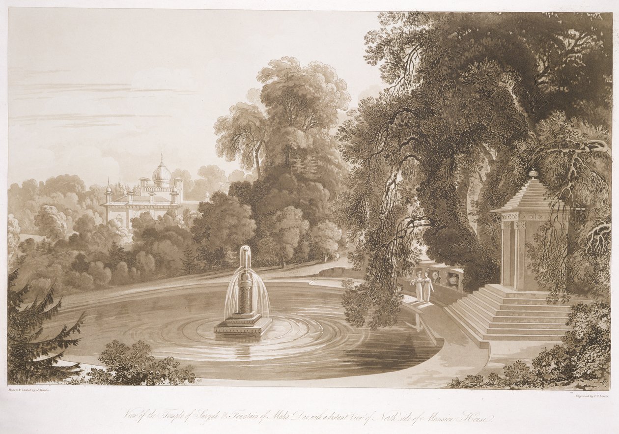 Uitzicht op de Tempel van Suryah en de Fontein van Mahah Doo met een verre blik op de noordzijde van het Landhuis, Sezincote, gegraveerd door Frederick Christian Lewis Sr. (1779-1856), c.1817-18 door John Martin