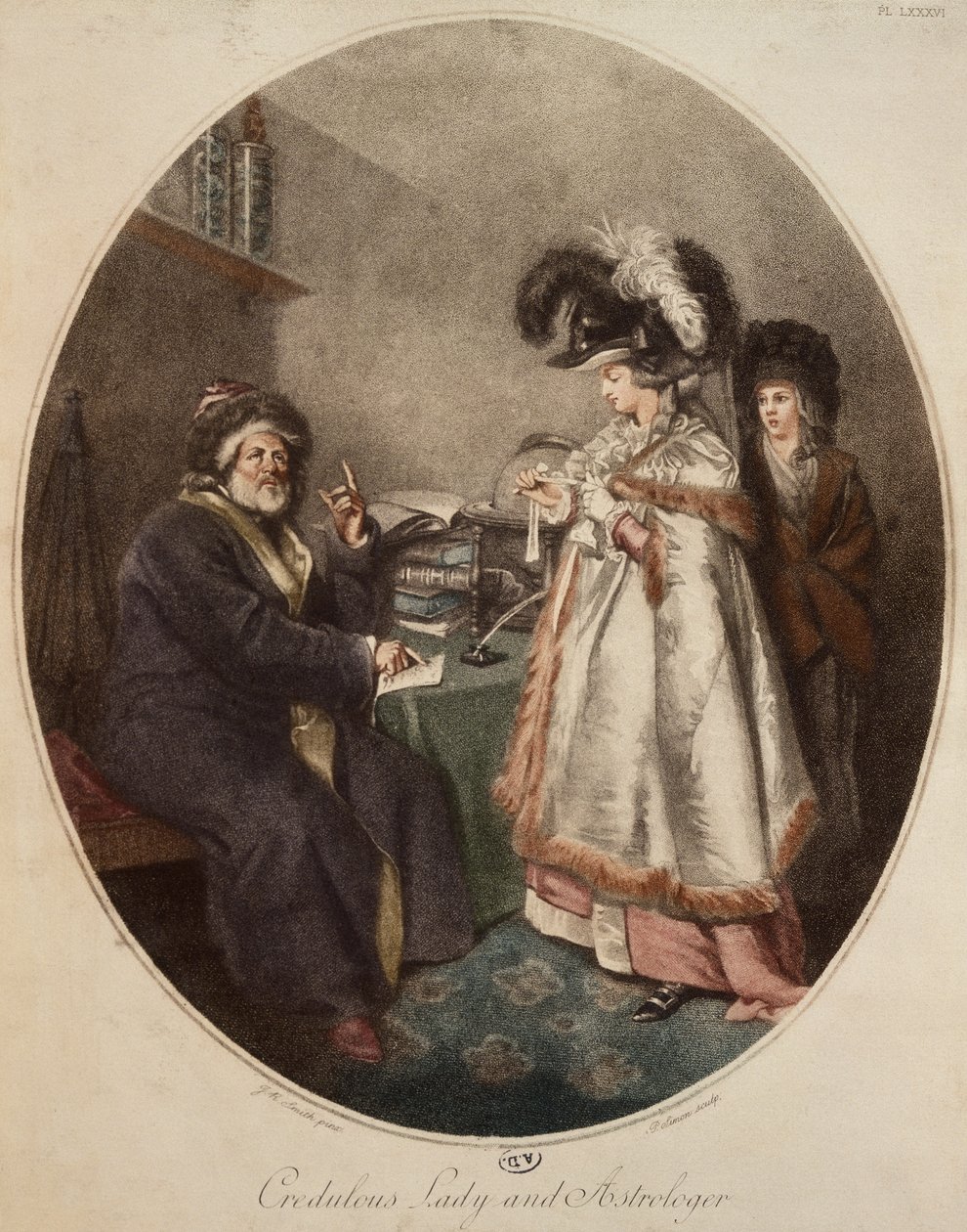Goedgelovige dame en astroloog, gegraveerd door Pierre Simon door John Raphael Smith
