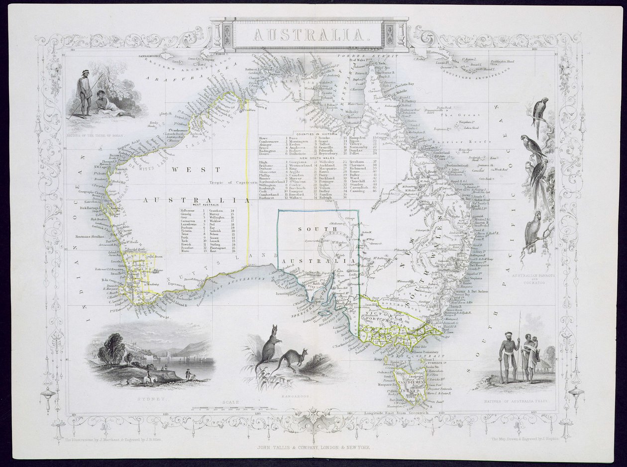 Australië, uit een serie wereldkaarten gepubliceerd door John Tallis und Co., Londen und New York, 1850s door John Rapkin