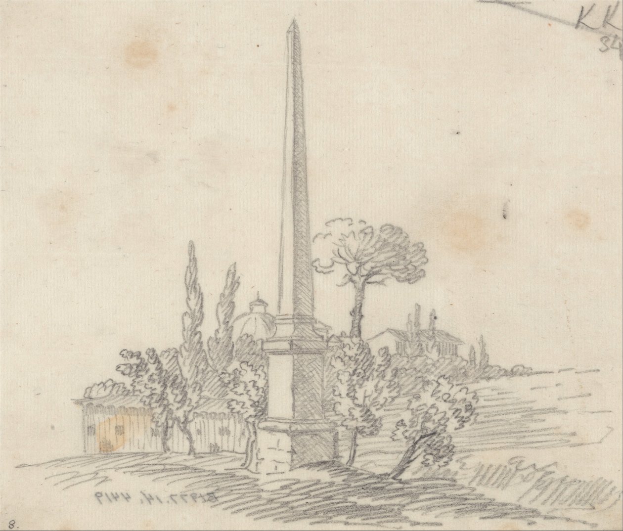 Een obelisk met daken en bomen in de verte door John Robert Cozens