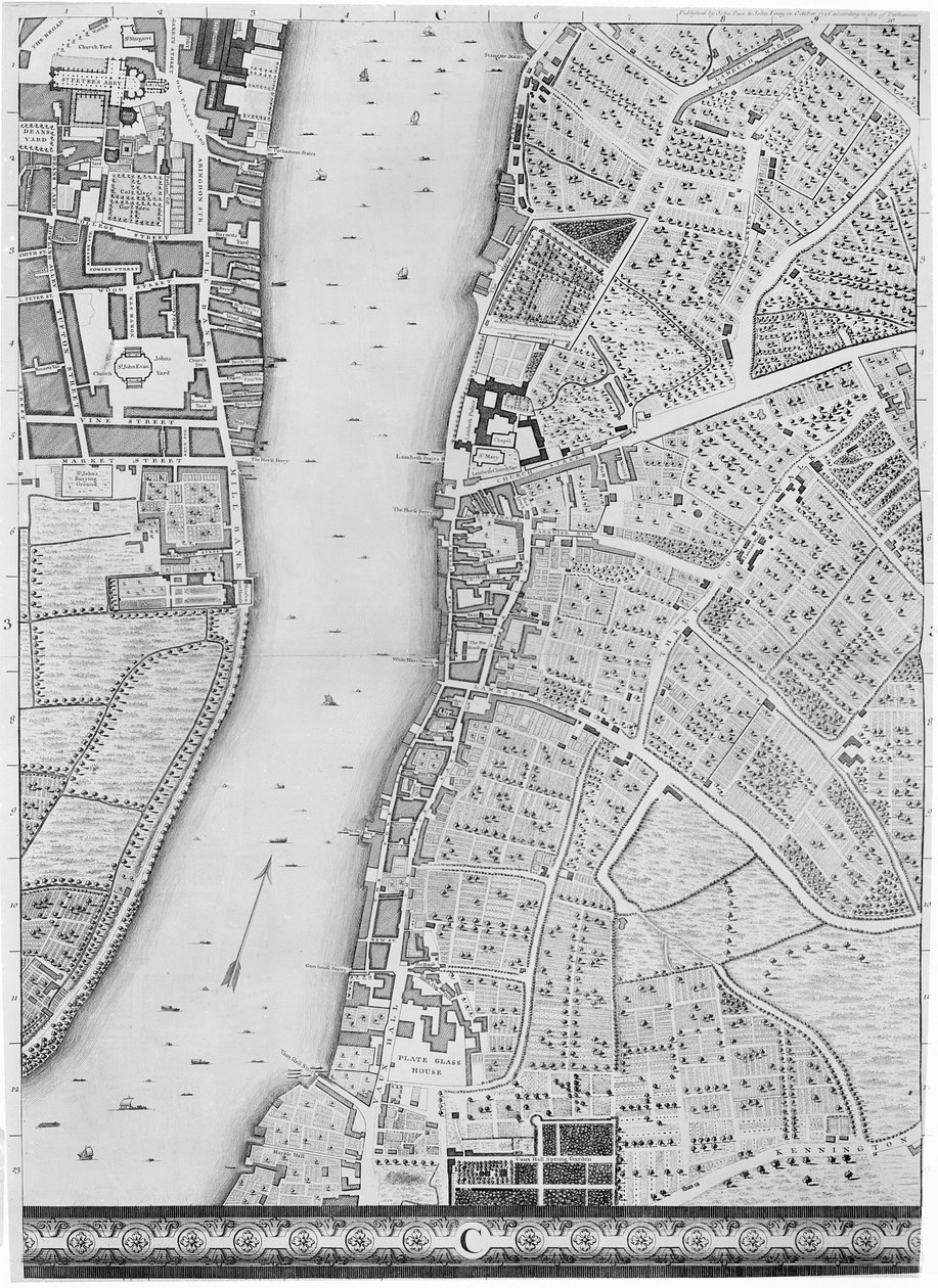 Een kaart van Lambeth en Vauxhall, Londen, 1746 door John Rocque