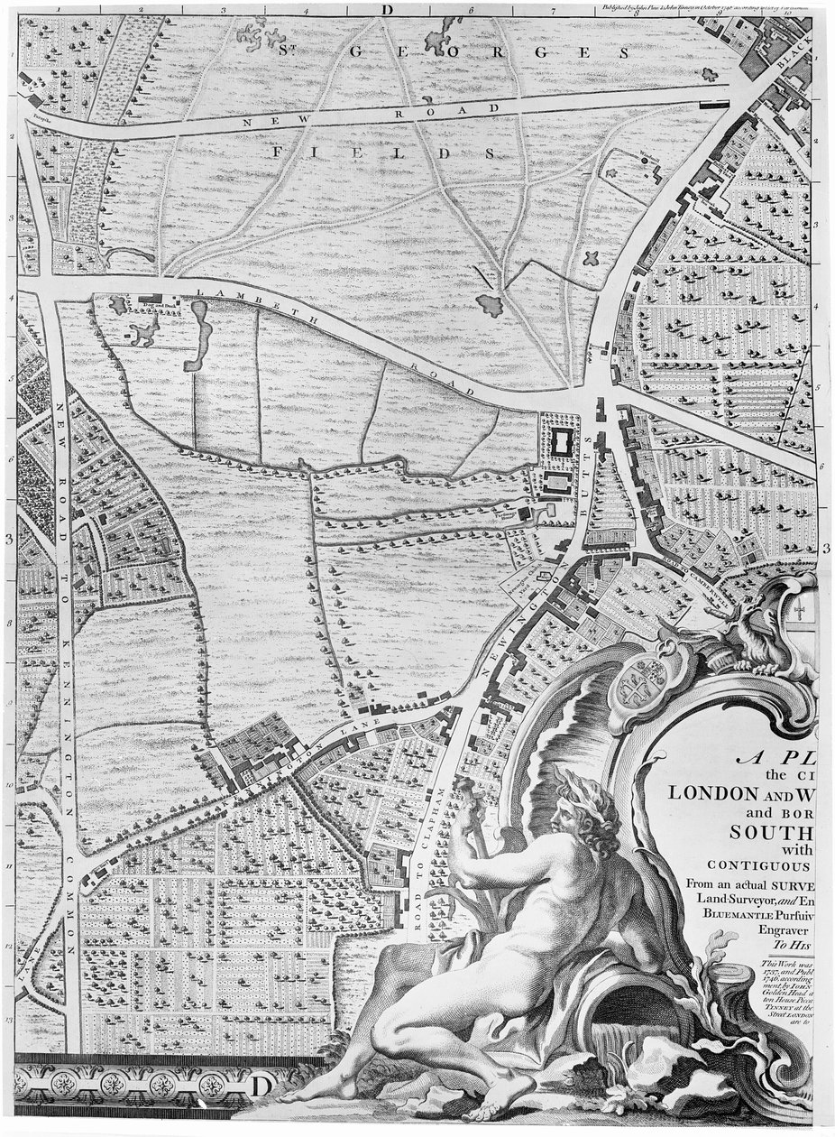Een kaart van St Georges Fields en Newington Butts, Londen, 1746 door John Rocque