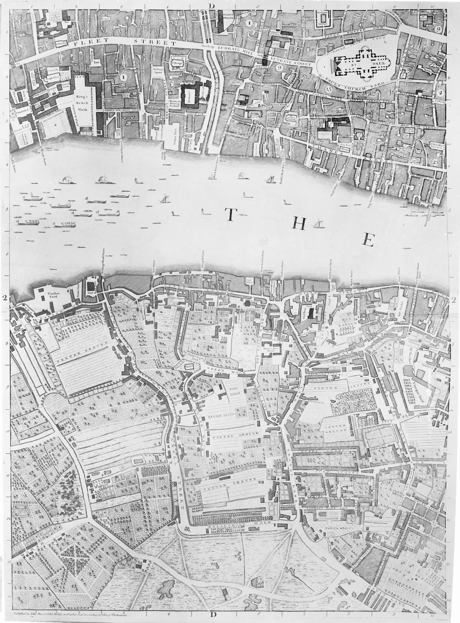 Een kaart van St Pauls en Bankside, Londen, 1746 door John Rocque