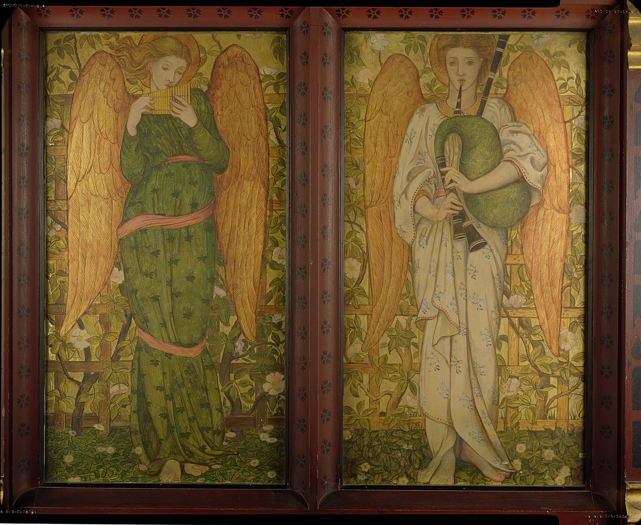 Engelen met panfluiten en doedelzakken, 1861-62 door John Roddam Spencer Stanhope