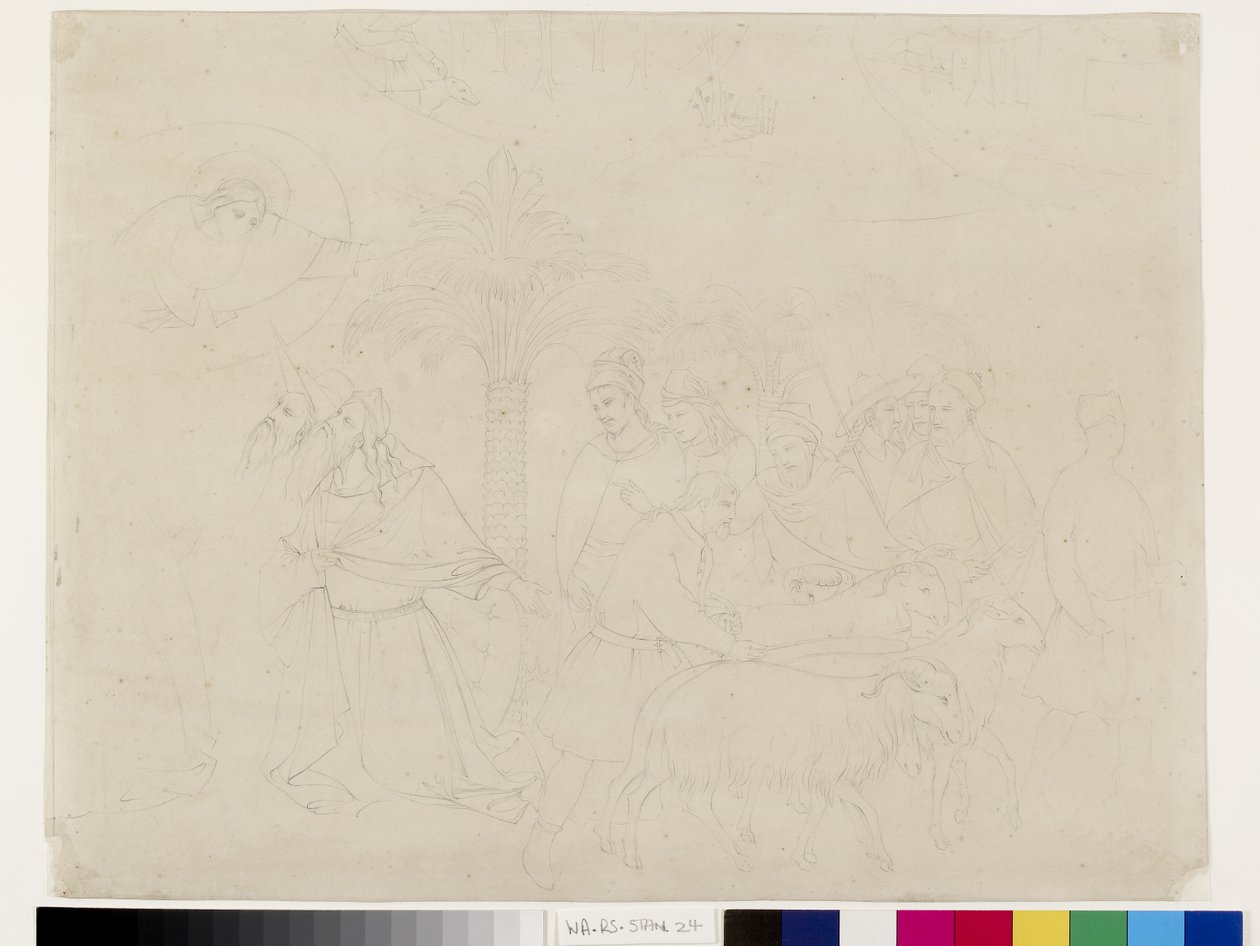 Potloodschets van een deel van de fresco van De Vrienden van Job in de Camposanto, Pisa, toegeschreven aan Taddeo Gaddi, 14 - 16 mei 1845 door John Ruskin