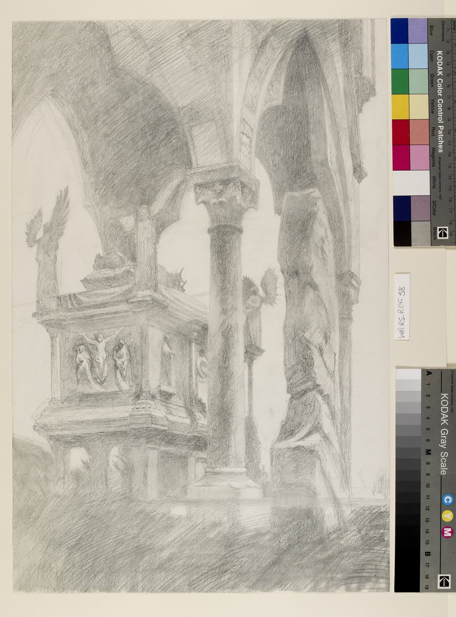 Studie voor Algemeen Clair-obscur van de Sarcofaag en Baldakijn van het Graf van Mastino II della Scala in Verona, c. 1869 door John Ruskin
