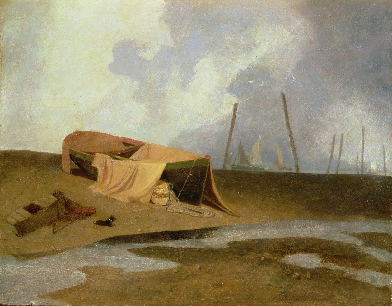 Boten op Greater Yarmouth Beach door John Sell Cotman
