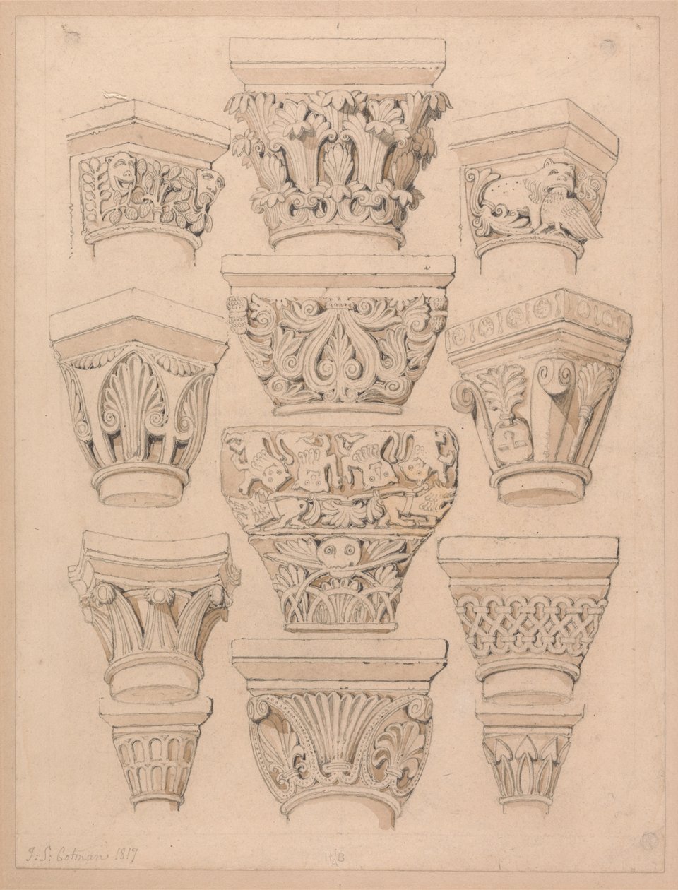 Kapittelen in de Abdijkerk van St. Georges de Bocherville, bij Rouen, Normandië door John Sell Cotman