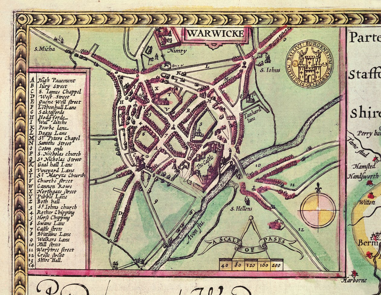 Detail van Warwick, uit The County of Warwick, de Shire Town en City of Coventry, uit John Speed